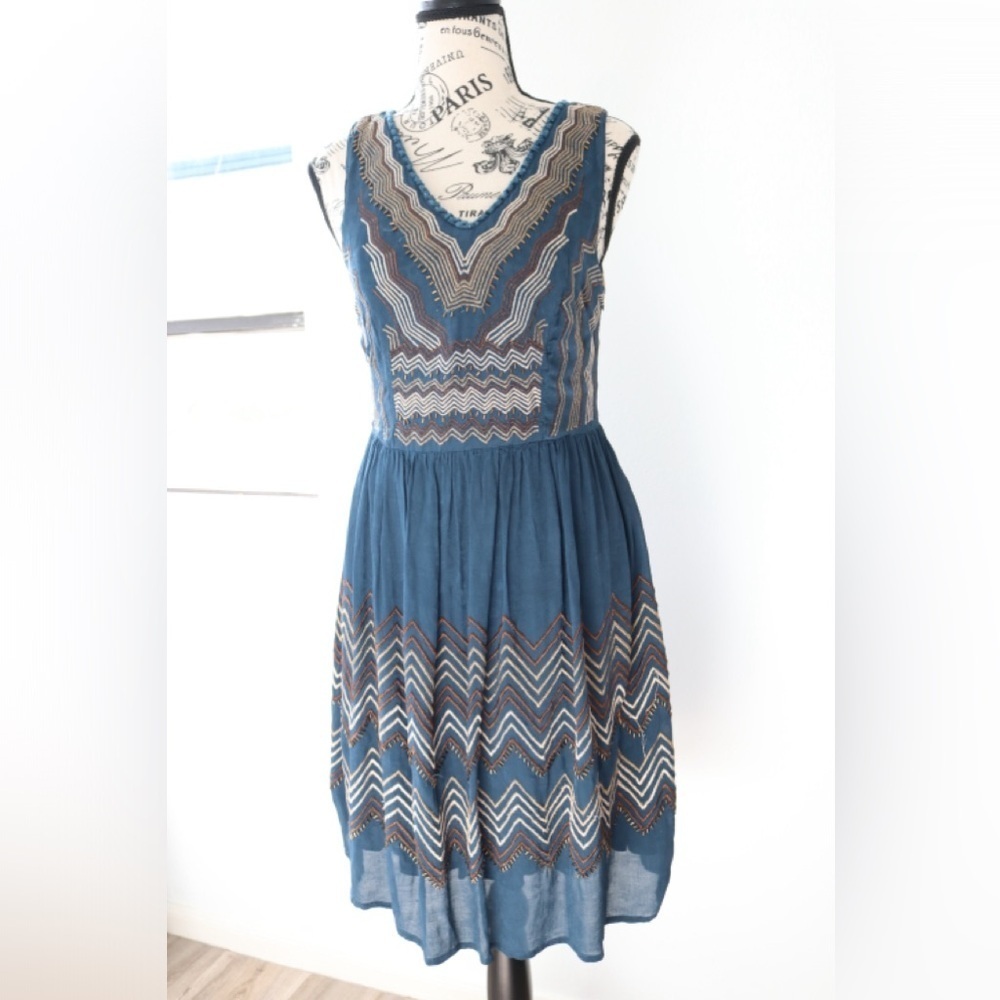 Anthropologie Meadow Rue Embroidered Beaded Chevron Dress blue size 0 - Picture 5 of 11